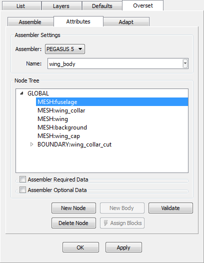 The Attributes tab provides assembler selection, node tree specification and additional assembler data settings.